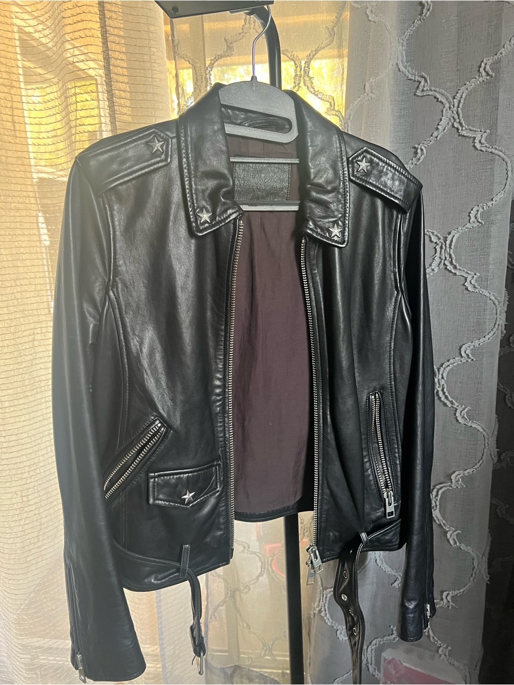 All Saints Black Leather Star-Accent Moto Jacket
